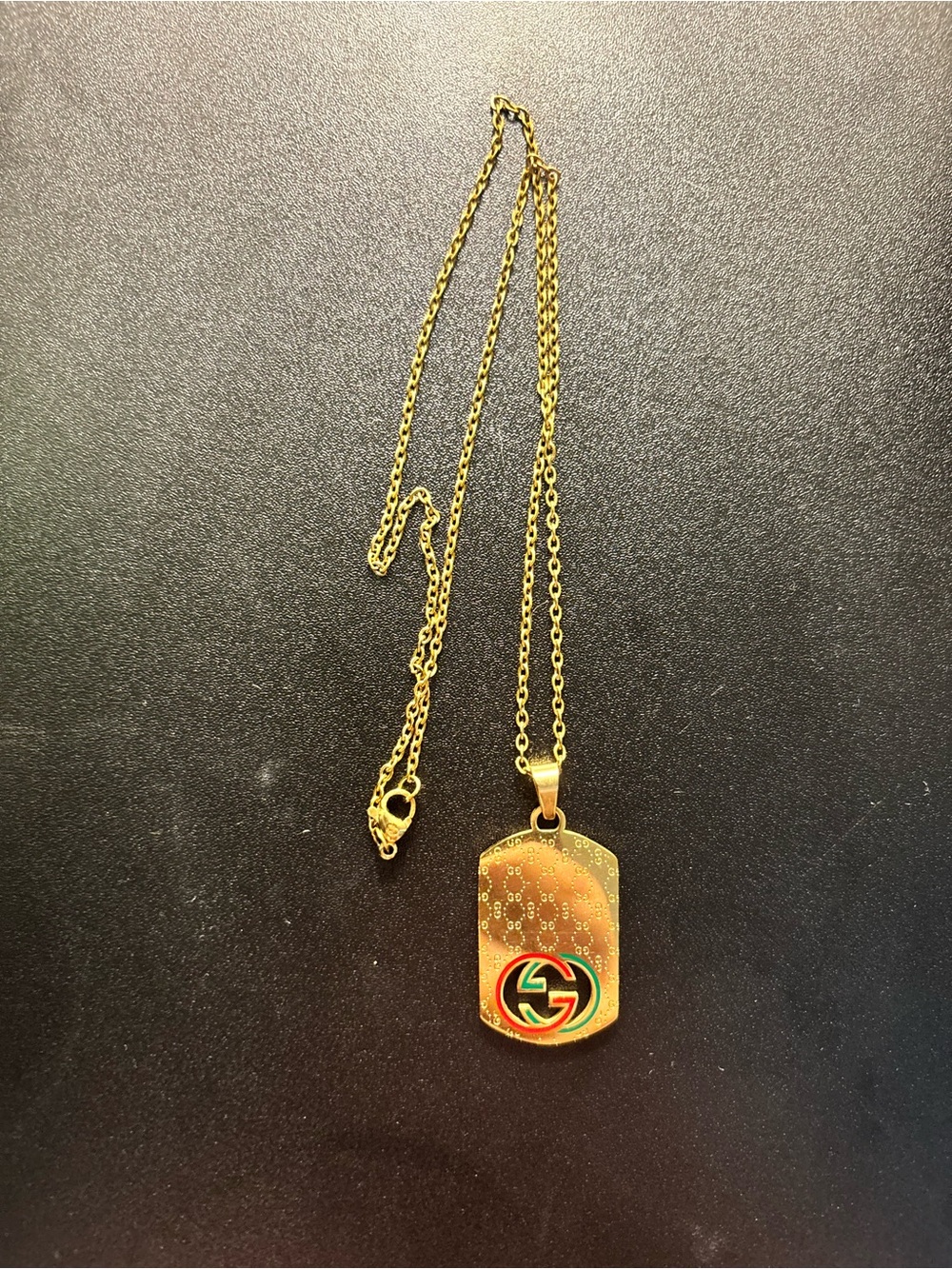Gucci Gold-Tone Pendant Necklace with Green and Red Enamel Logo